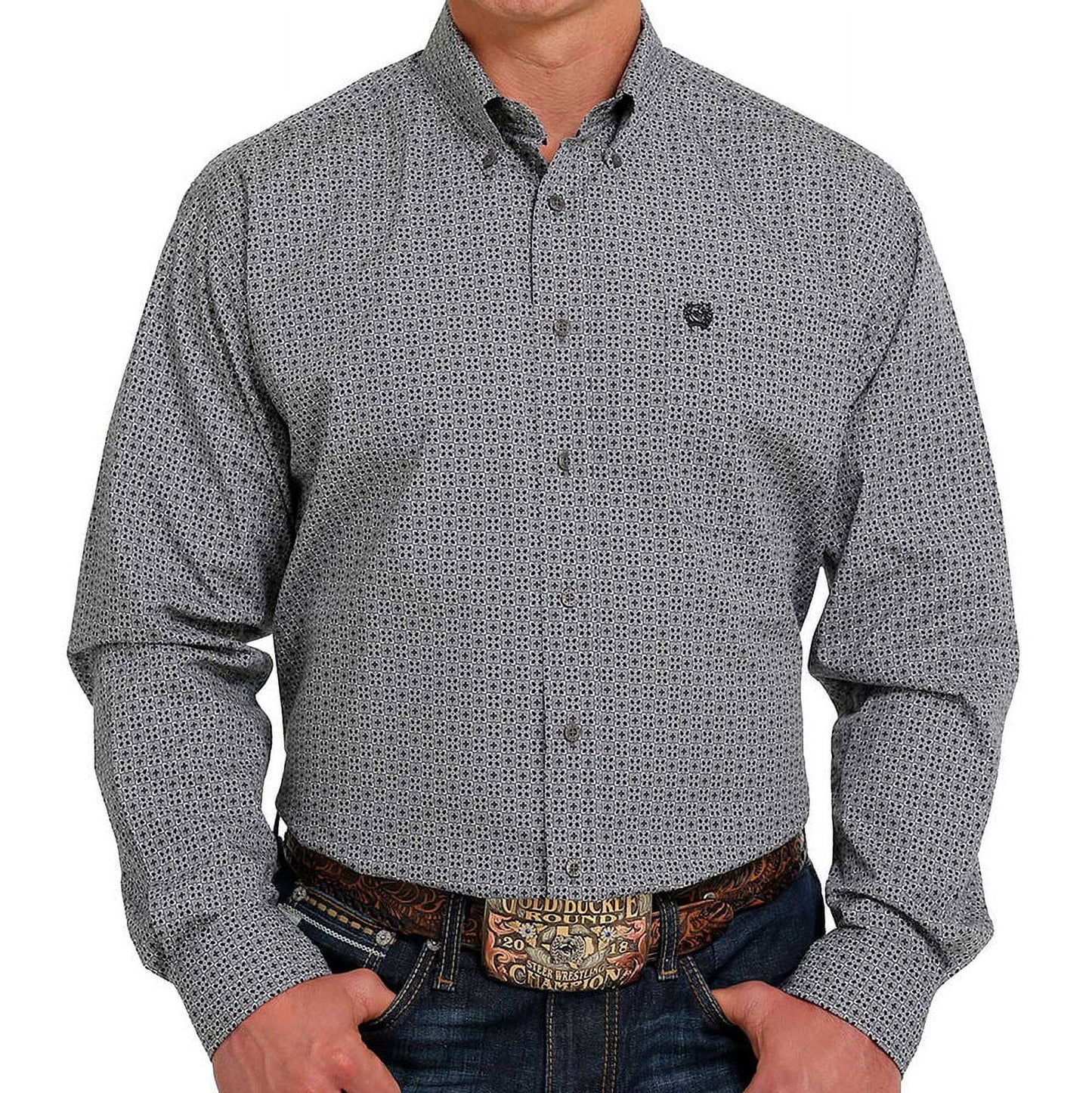 Cinch Men’s Geo Print LS Shirt Light Grey