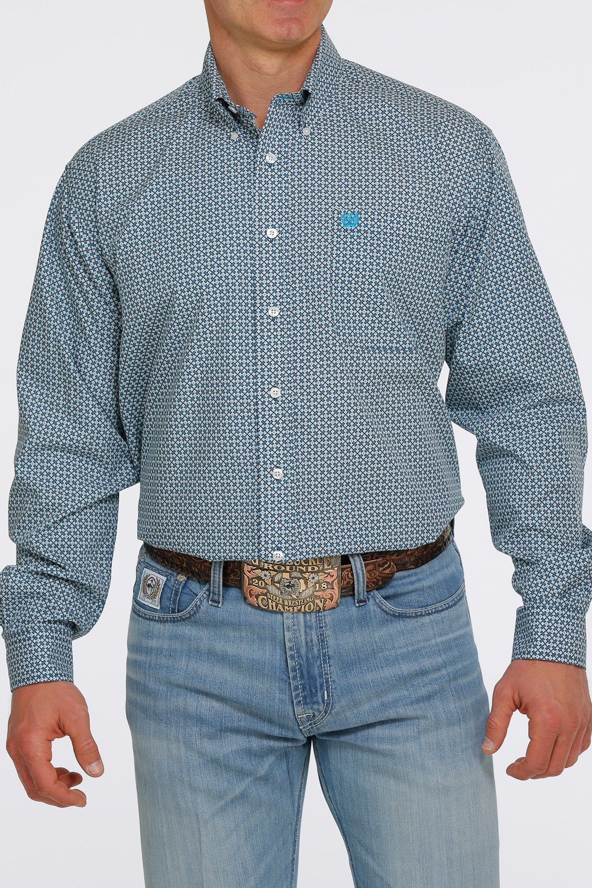 Cinch Men’s Medallion Print Button Down Long Sleeve Blue Shirt