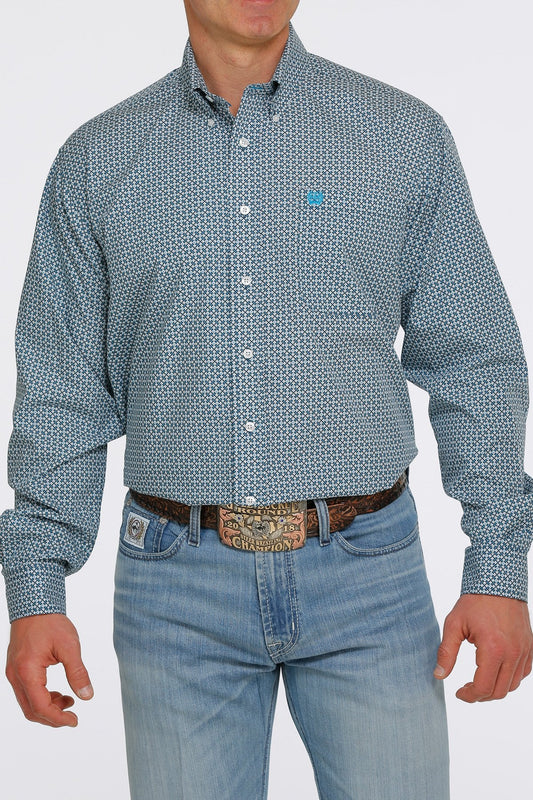 Cinch Men’s Medallion Print Button Down Long Sleeve Blue Shirt