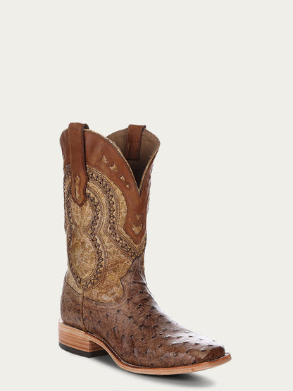 Corral Men’s Brown Embroidery-Quill Ostrich Square Toe Cowboy Boot
