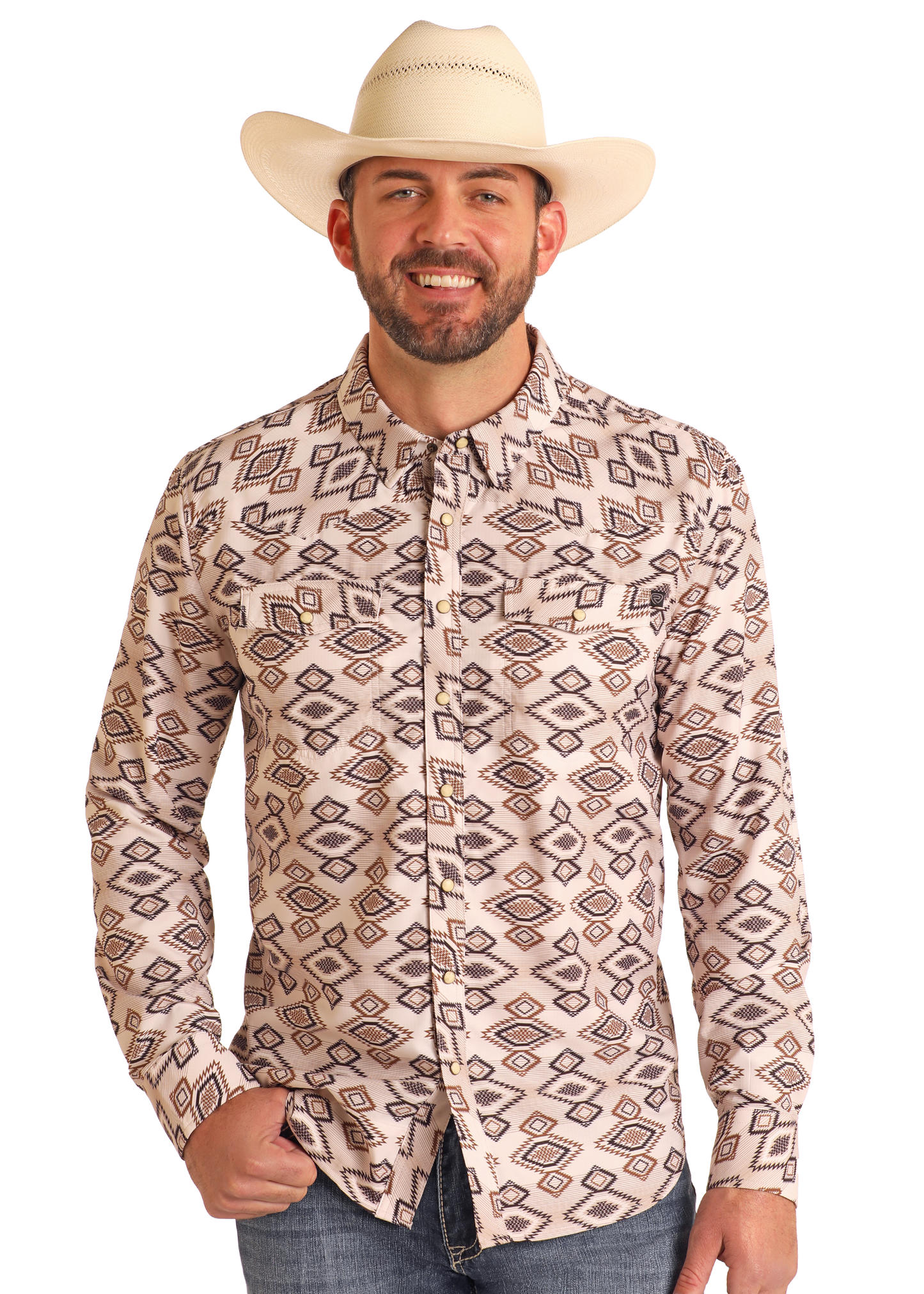 Rock&Roll Denim Tek Western Tan Aztec Diamond LS Shirt