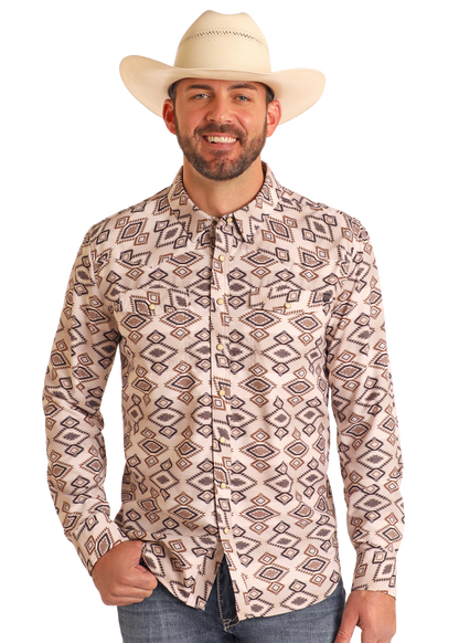 Rock&Roll Denim Tek Western Tan Aztec Diamond LS Shirt