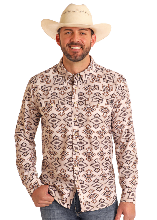 Rock&Roll Denim Tek Western Tan Aztec Diamond LS Shirt