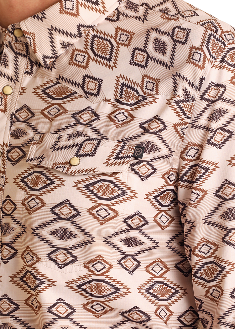 Rock&Roll Denim Tek Western Tan Aztec Diamond LS Shirt