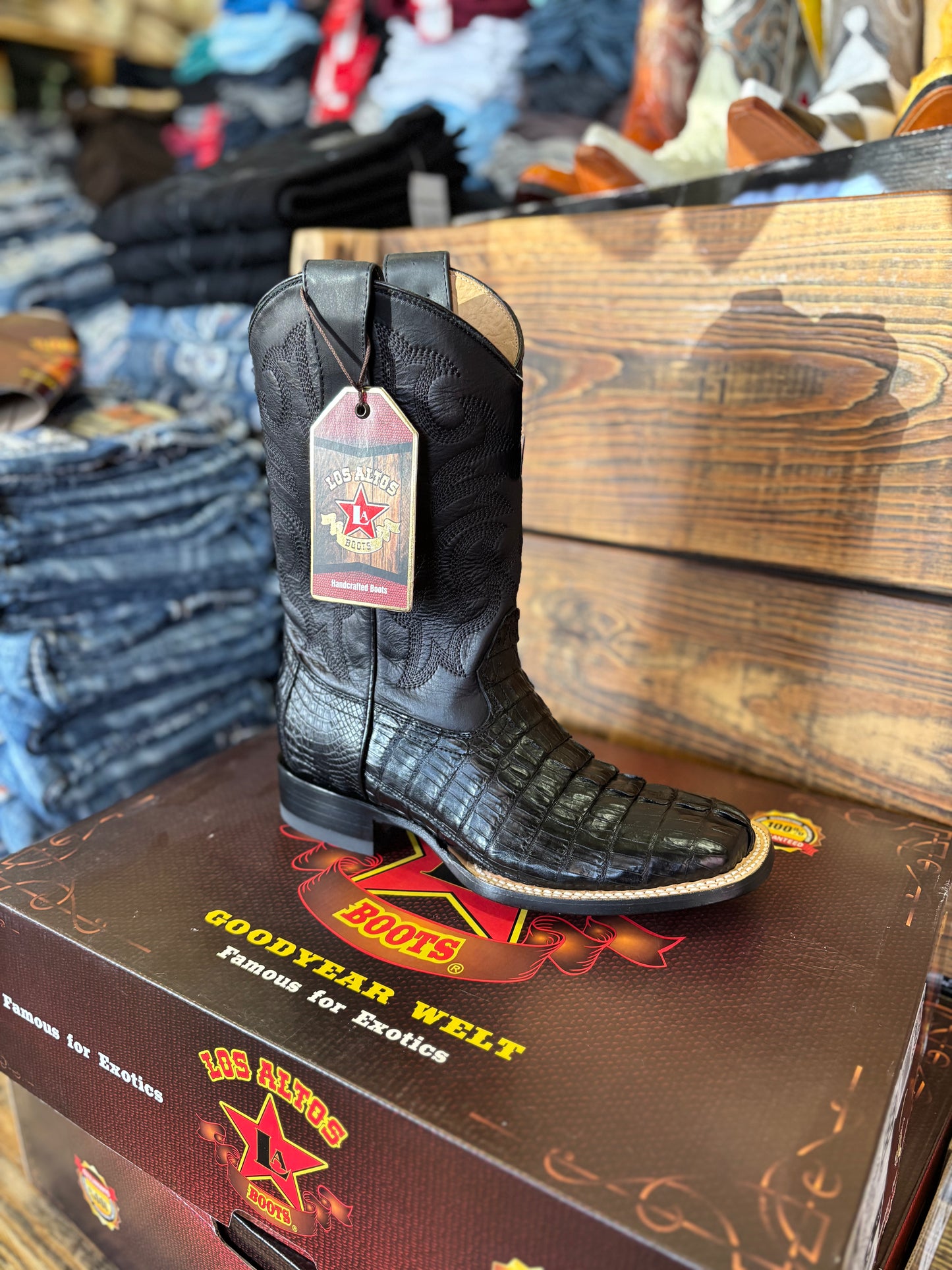 Los Altos Men’s Caiman Tail Black Leather Sole Square Toe