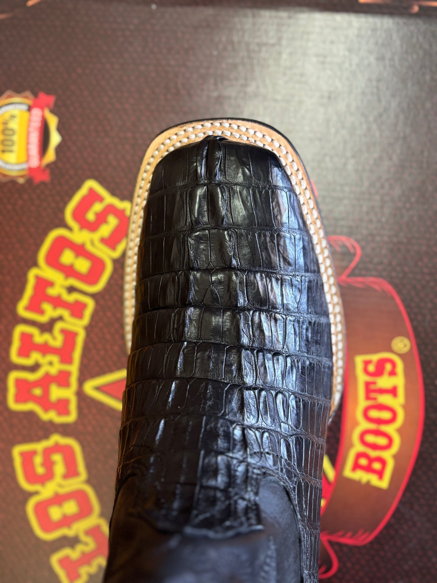 Los Altos Men’s Caiman Tail Black Leather Sole Square Toe