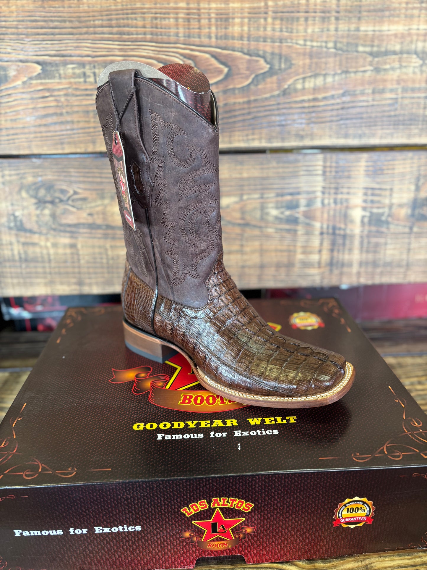 Los Altos Men’s Caiman Tail Brown Leather Sole Square Toe Western Boot