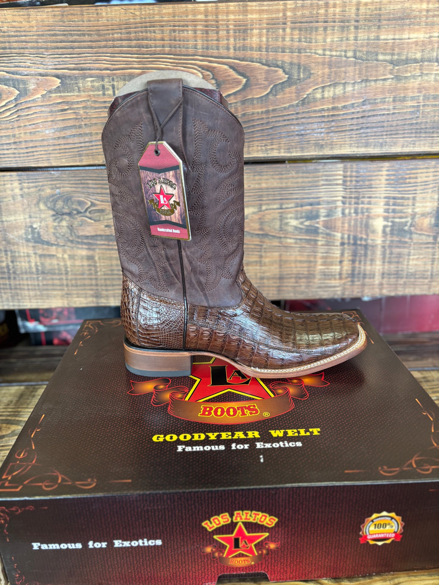 Los Altos Men’s Caiman Tail Brown Leather Sole Square Toe Western Boot