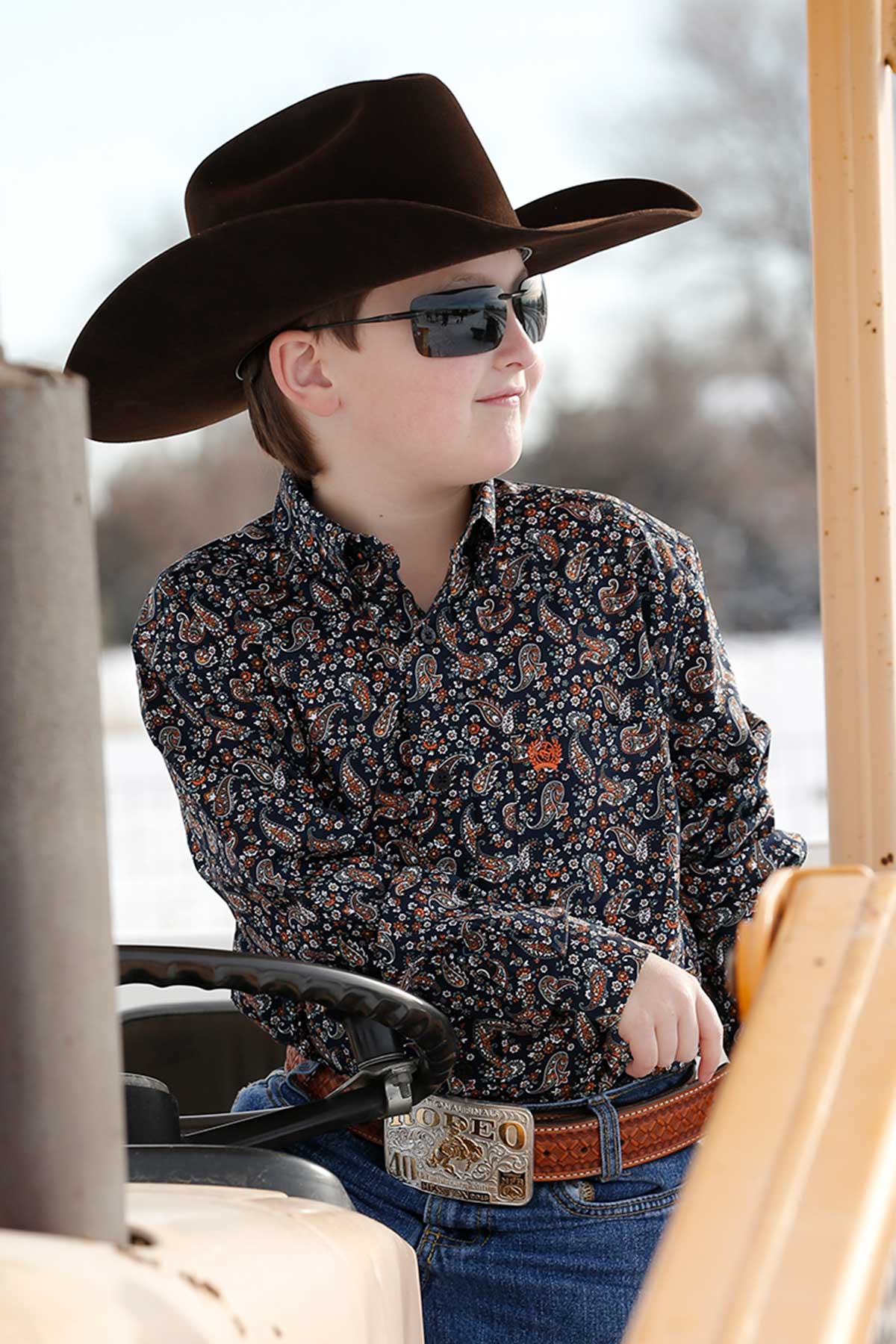 Cinch Boys Paisley Printed Button Down Shirt Navy