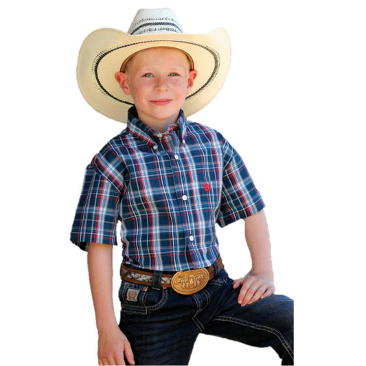 Cinch Boys Plaid Button Down Shirt Navy Blue