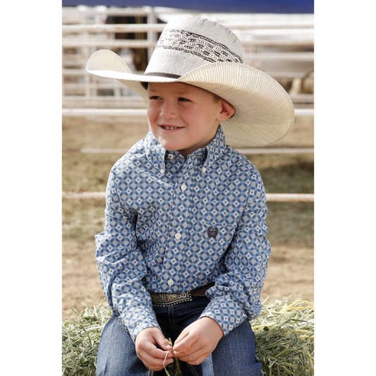 Cinch Boys Geo Pattern Button Down Shirt Light Blue
