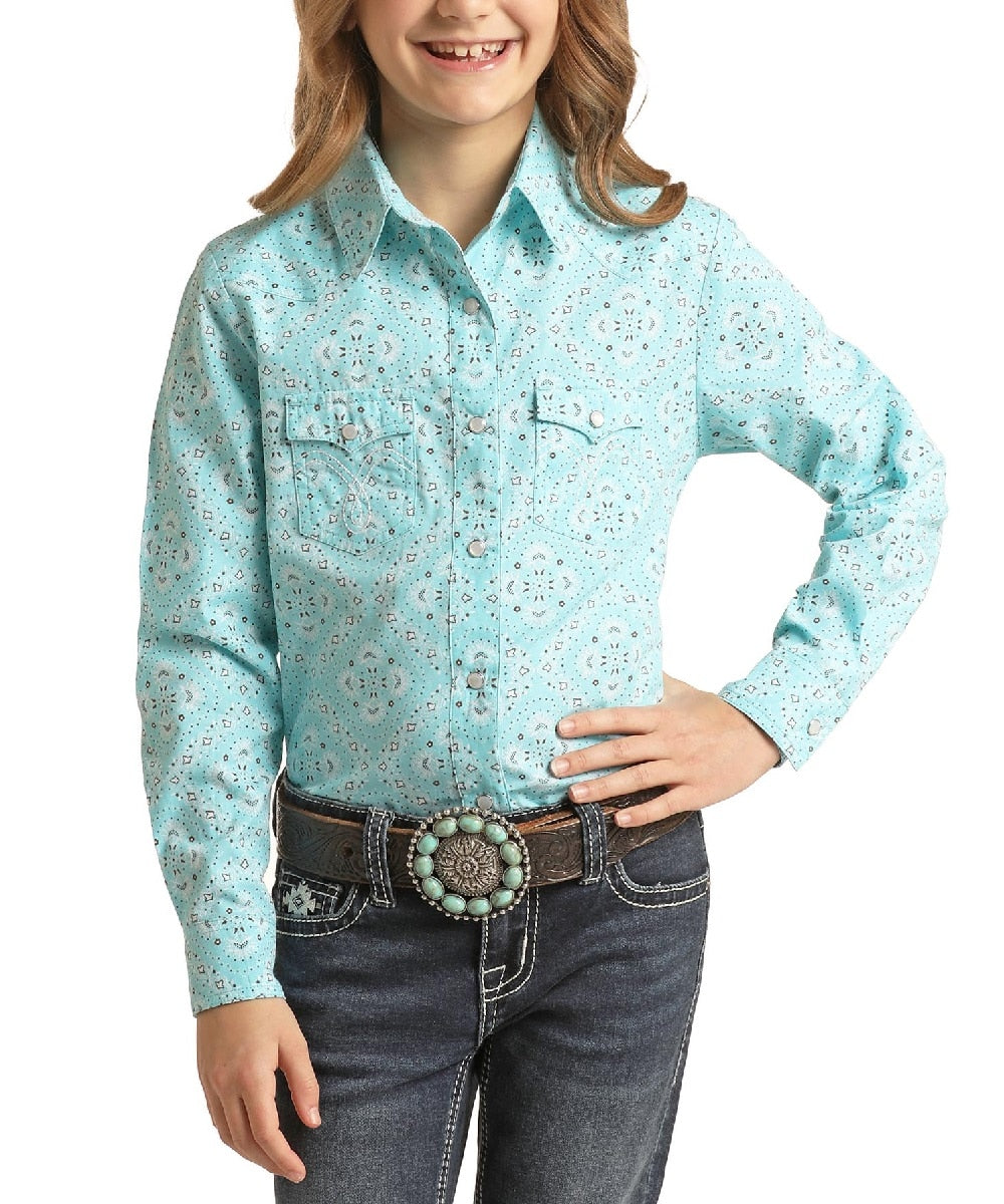 Panhandle Girls Aquamarine Bandana Print LS Snap Shirt