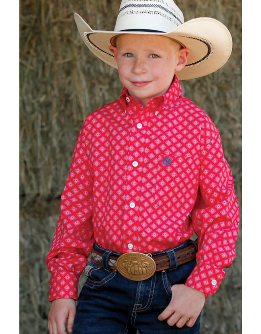 Cinch Boys GeoPrint Button Down LS Shirt Red
