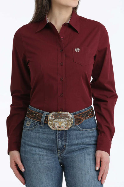 Cinch Women's Solid Burgundy Mini Stripe Button Long Sleeve Western Shirt