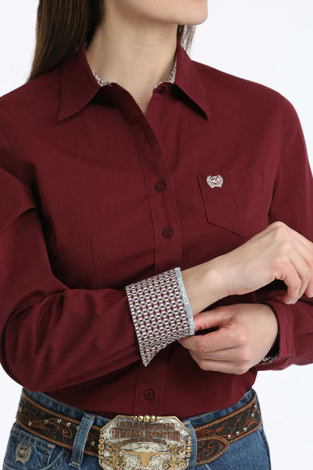 Cinch Women's Solid Burgundy Mini Stripe Button Long Sleeve Western Shirt