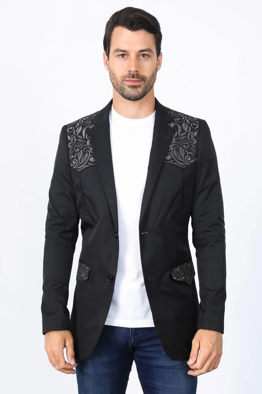 Platini Mens Embroidery Fashion Black Blazer EBZ10138