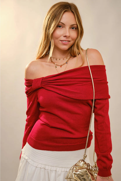 Blue. B Bow Neckline Detail Off Shoulder Sweater