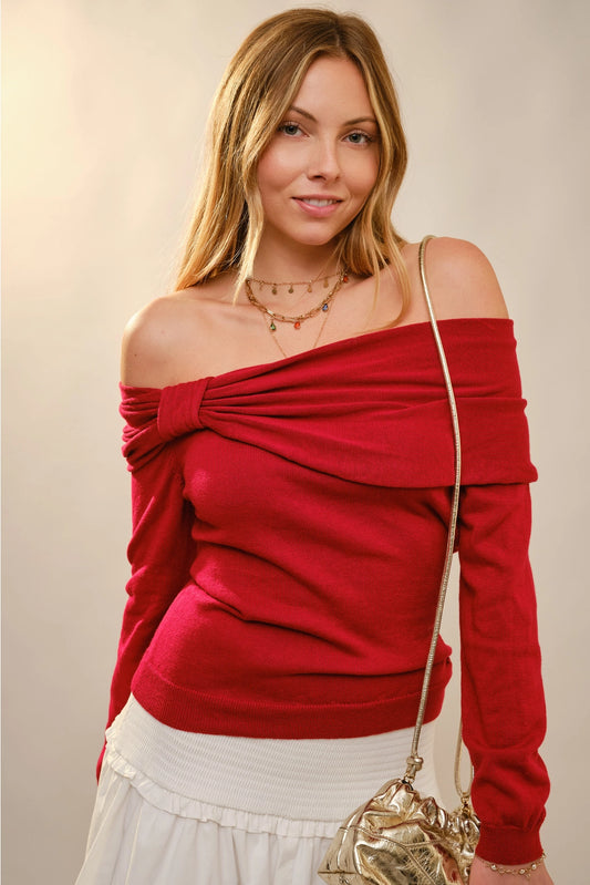 Blue. B Bow Neckline Detail Off Shoulder Sweater