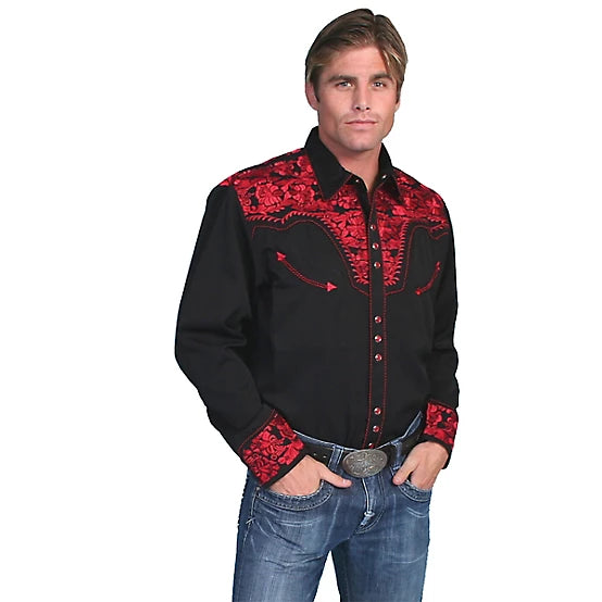 Scully Men's  Snap-Front Shirt, Floral Tooled Embroidery P-634 Black/ Red