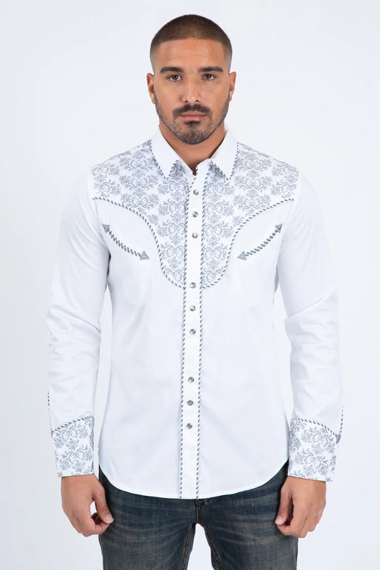 Platini Men’s Damask Embroidery Long Sleeve Shirt White/Grey