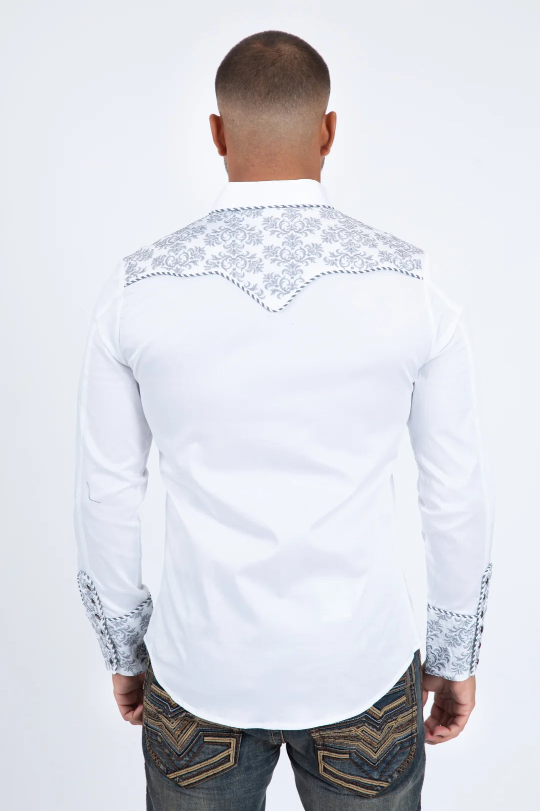 Platini Men’s Damask Embroidery Long Sleeve Shirt White/Grey