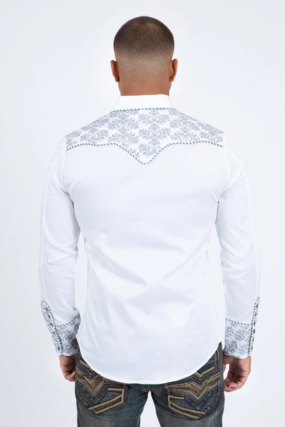 Platini Men’s Damask Embroidery Long Sleeve Shirt White/Grey