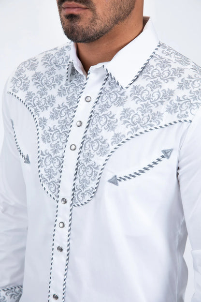 Platini Men’s Damask Embroidery Long Sleeve Shirt White/Grey