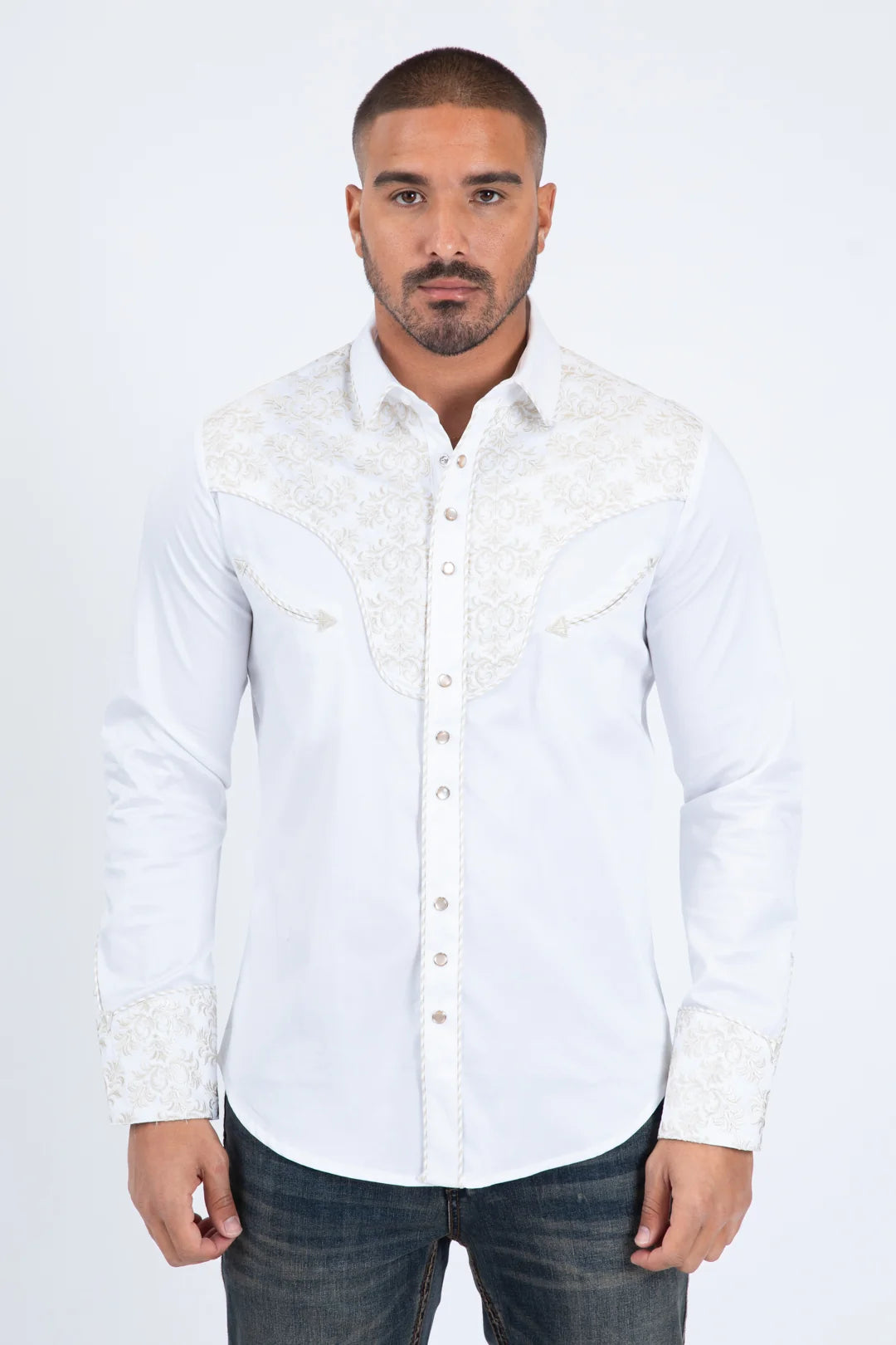 Platini Men’s Damask Embroidery Long Sleeve Shirt White/Beige