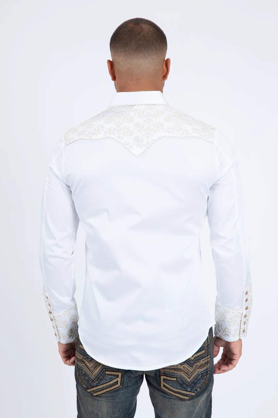 Platini Men’s Damask Embroidery Long Sleeve Shirt White/Beige