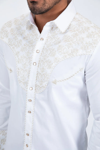 Platini Men’s Damask Embroidery Long Sleeve Shirt White/Beige