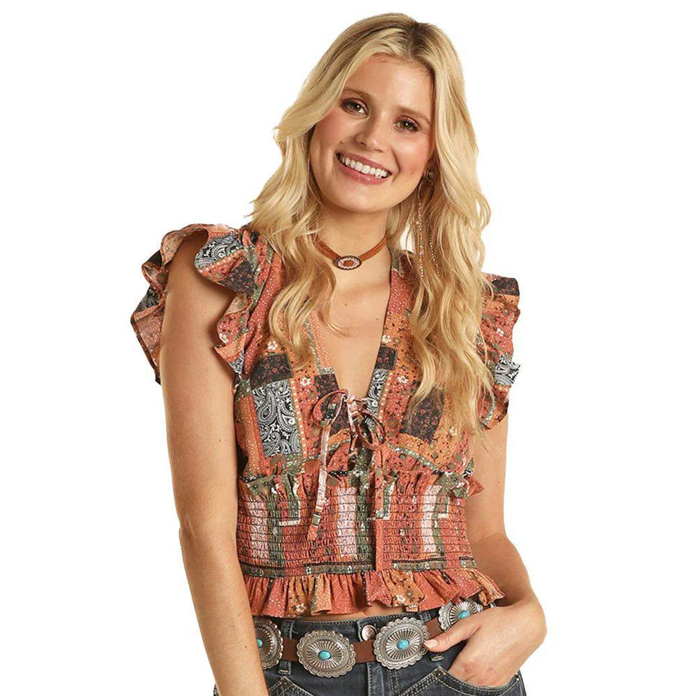 Rock & Roll Denim Womens Ruffle Short Sleeve Top