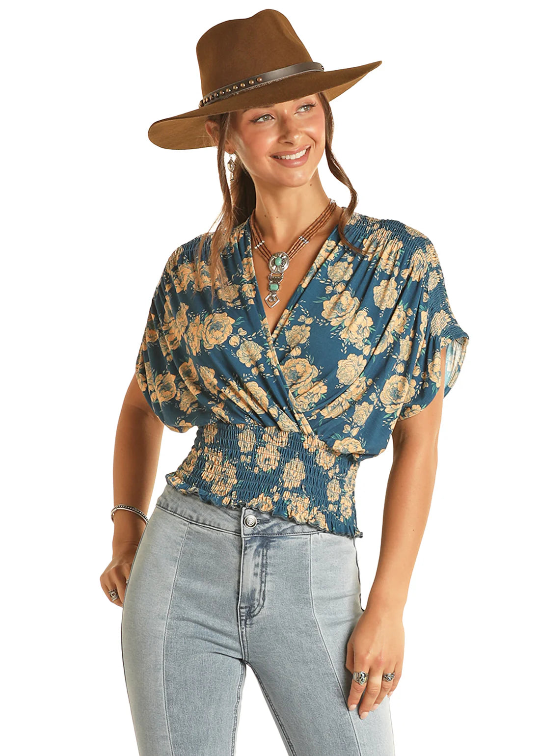 Rock&Roll Womens Smocked Floral Top Navy