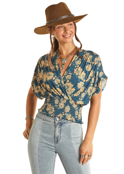 Rock&Roll Womens Smocked Floral Top Navy