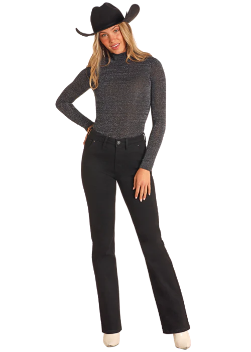 ROCK&ROLL DENIM LADIES LUREX TURTLENECK TOP - BLACK