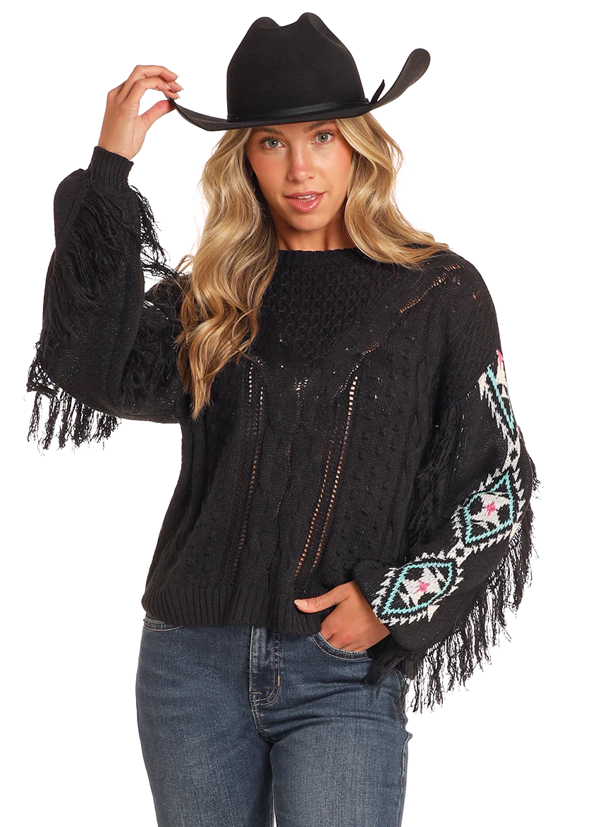 ROCK&ROLL AZTEC FRINGE CABLE KNIT SWEATER