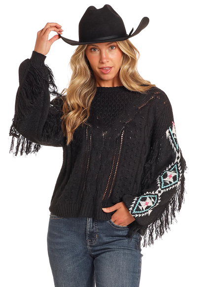 ROCK&ROLL AZTEC FRINGE CABLE KNIT SWEATER