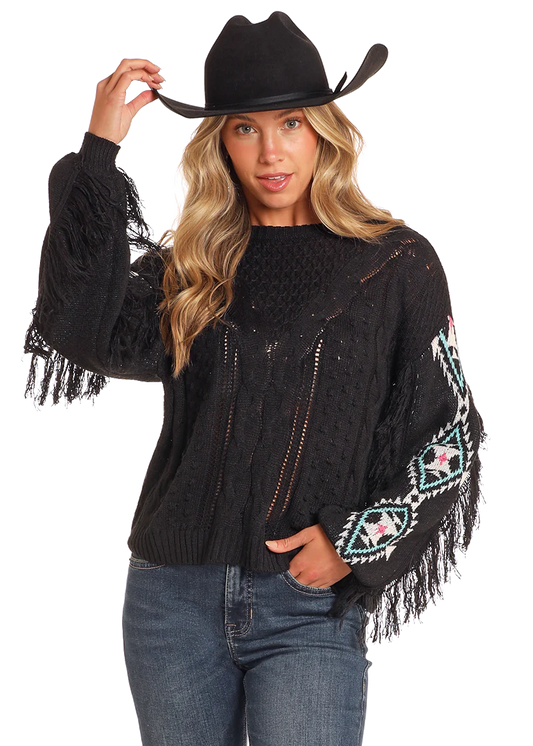 ROCK&ROLL AZTEC FRINGE CABLE KNIT SWEATER