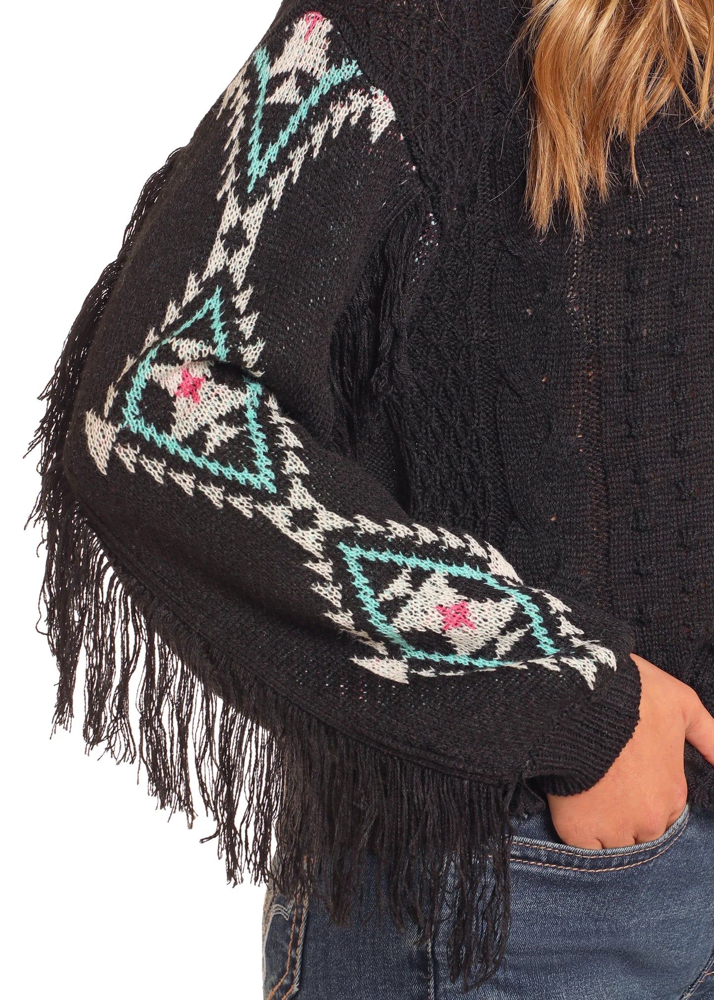 ROCK&ROLL AZTEC FRINGE CABLE KNIT SWEATER
