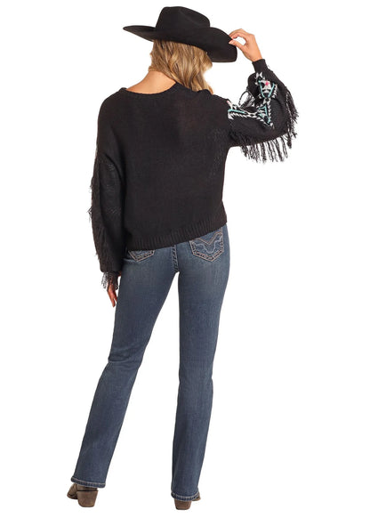 ROCK&ROLL AZTEC FRINGE CABLE KNIT SWEATER