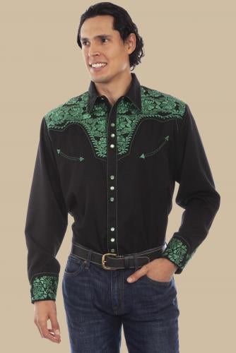 Scully Men's Embroidered Gunfighter Long Sleeve Pearl Snap Western Shirt - P-634-EMR