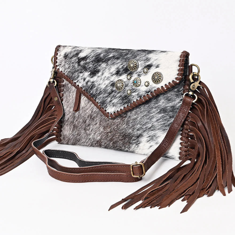 American Darling Hair-On Cowhide Western Fringe Crossbody with Concho Accents ADBGA388
