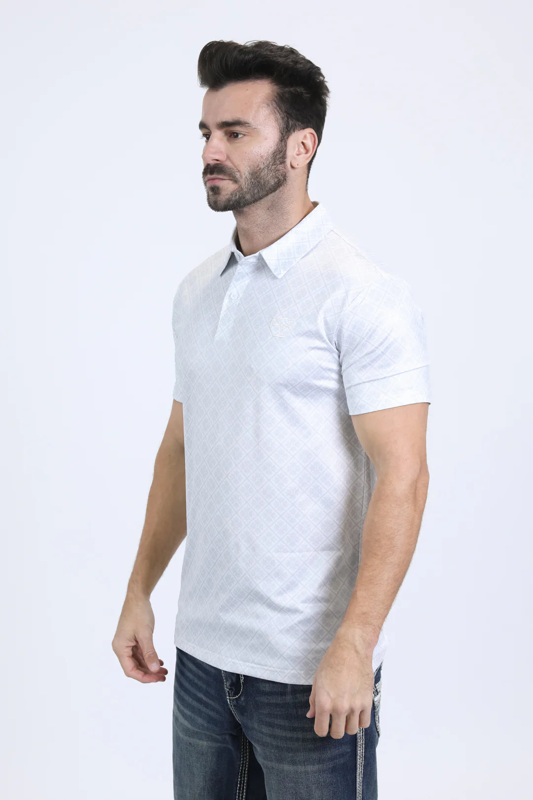 Platini Men’s Performance Fabric Modern Fit Stretch Aztec Print White Polo