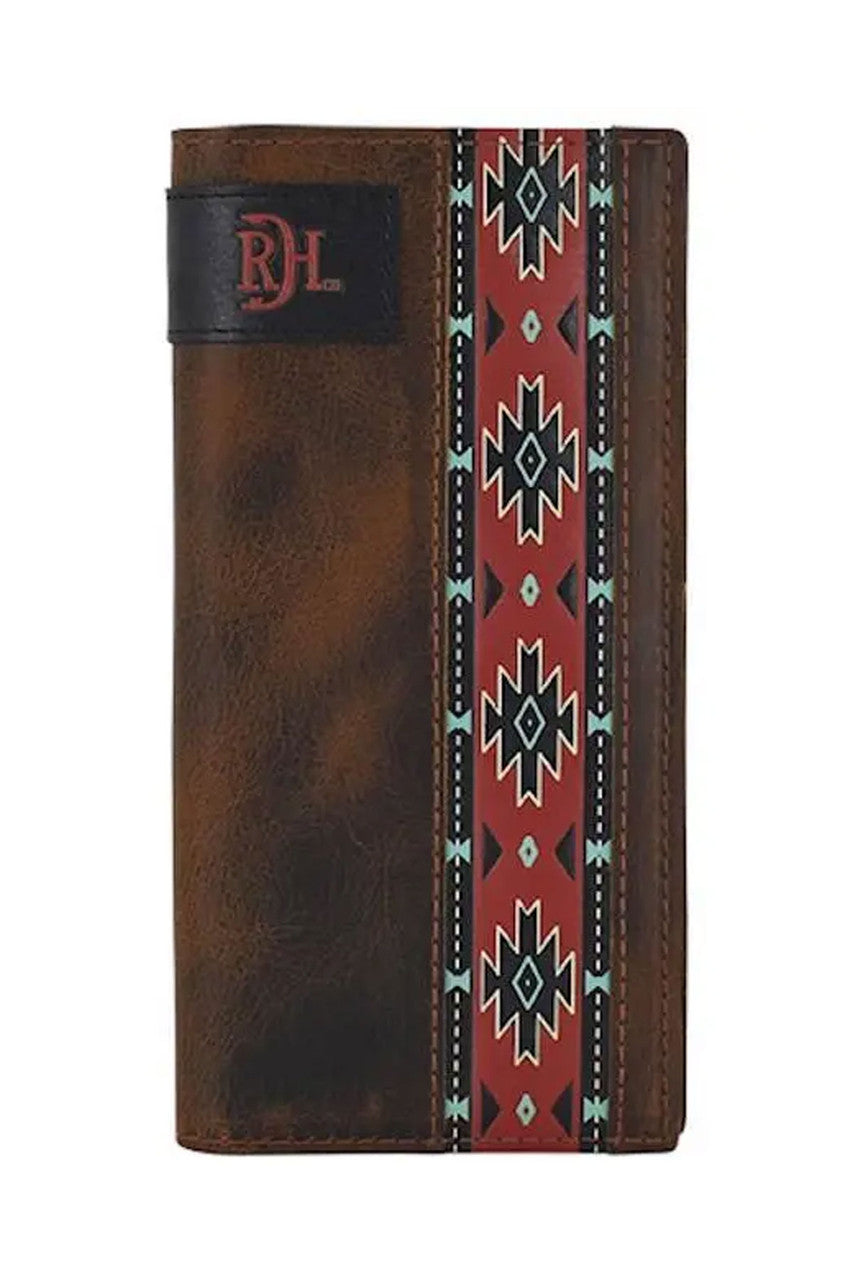 Red Dirt Hat Co. Brown Antique Oiled Tooled Red Aztec Leather Rodeo Wallet