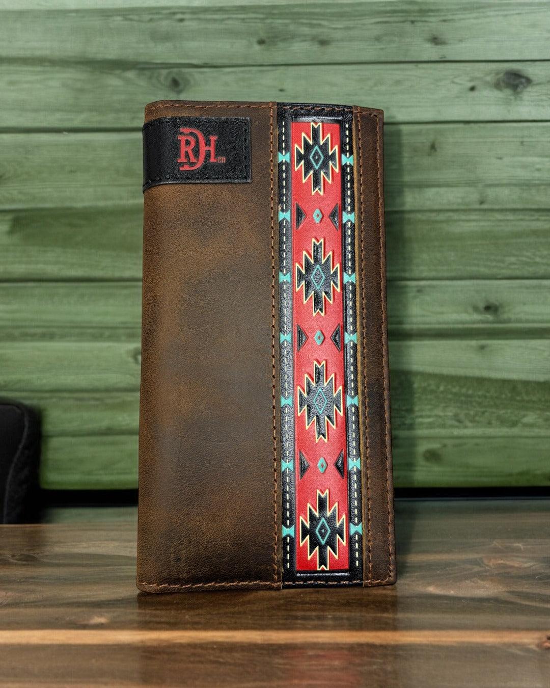 Red Dirt Hat Co. Brown Antique Oiled Tooled Red Aztec Leather Rodeo Wallet