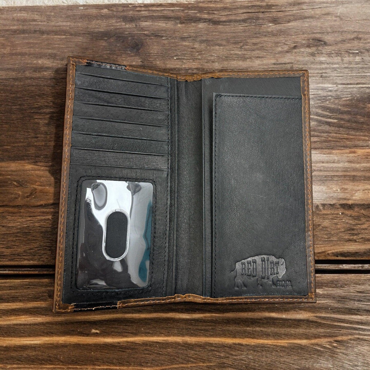 Red Dirt Hat Co. Brown Antique Oiled Tooled Red Aztec Leather Rodeo Wallet