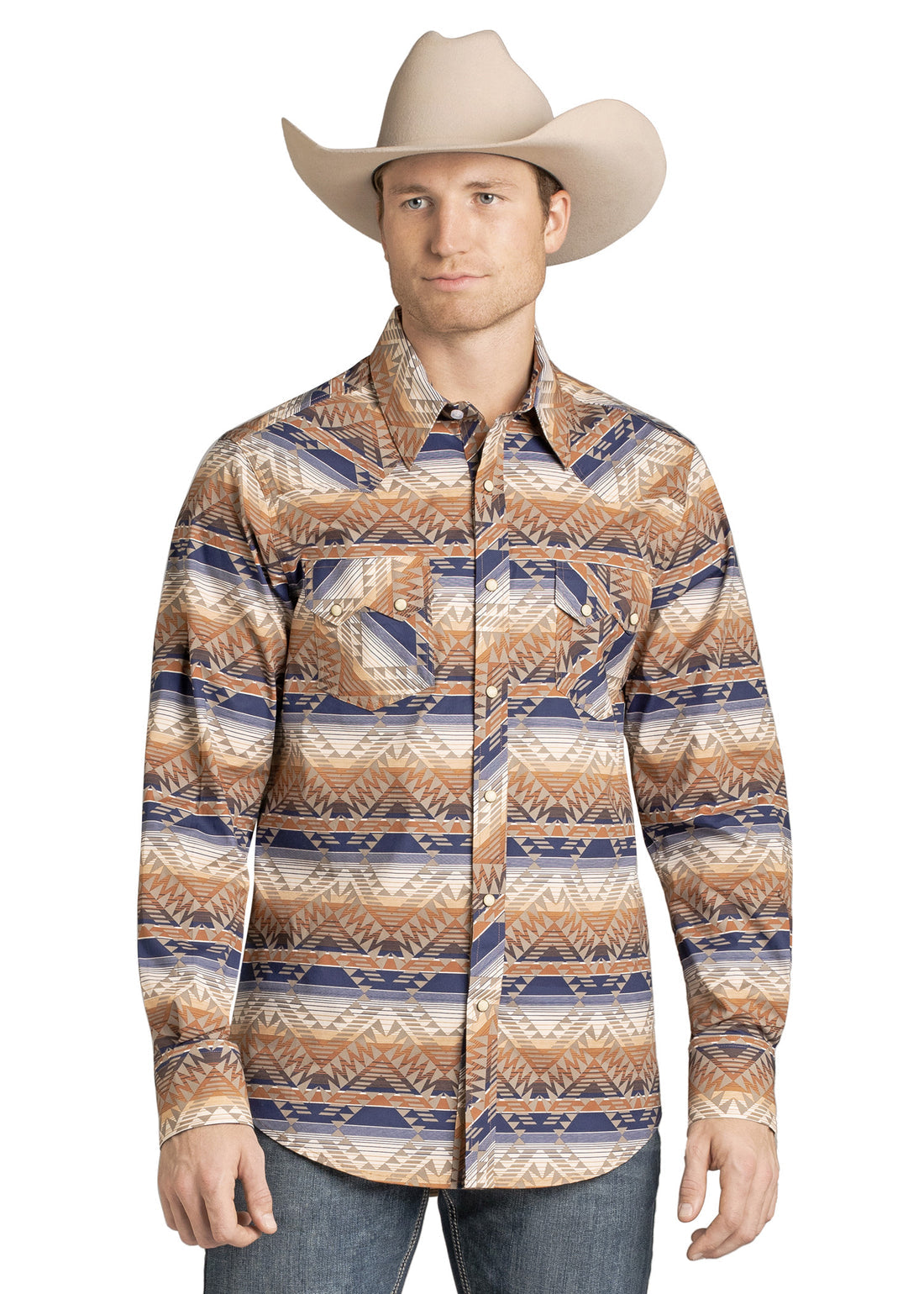 Rock&Roll Slim Fit Tan And Blue Striped Aztec LS Snap Shirt