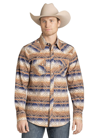 Rock&Roll Slim Fit Tan And Blue Striped Aztec LS Snap Shirt
