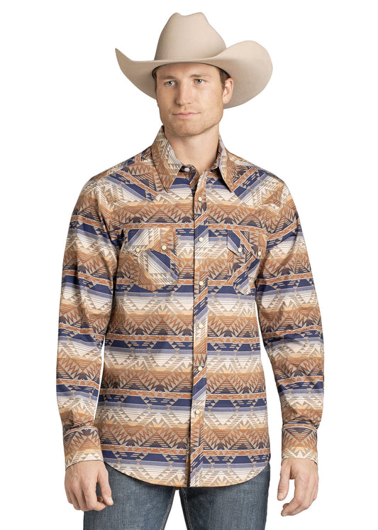 Rock&Roll Slim Fit Tan And Blue Striped Aztec LS Snap Shirt