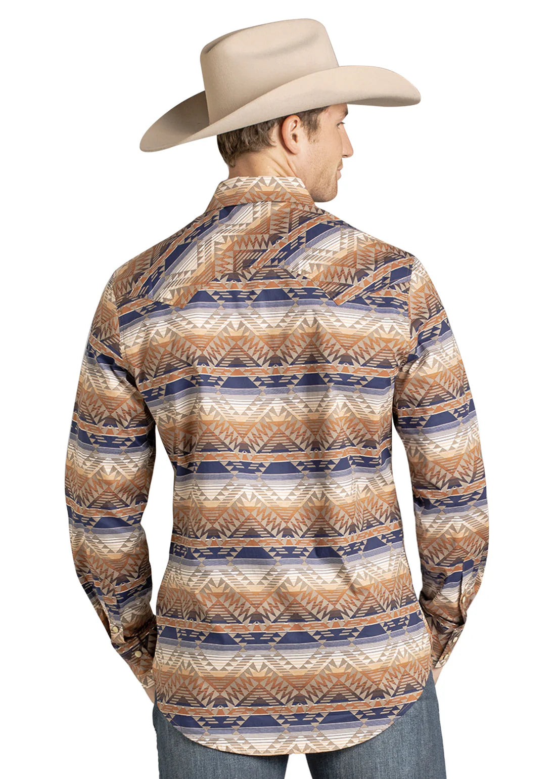 Rock&Roll Slim Fit Tan And Blue Striped Aztec LS Snap Shirt
