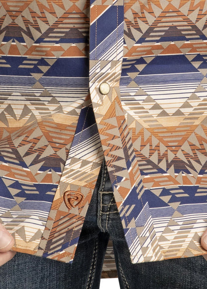 Rock&Roll Slim Fit Tan And Blue Striped Aztec LS Snap Shirt